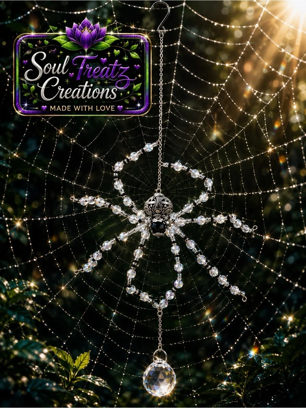 White & Black Crystal Spider Suncatcher - Clear/Silver